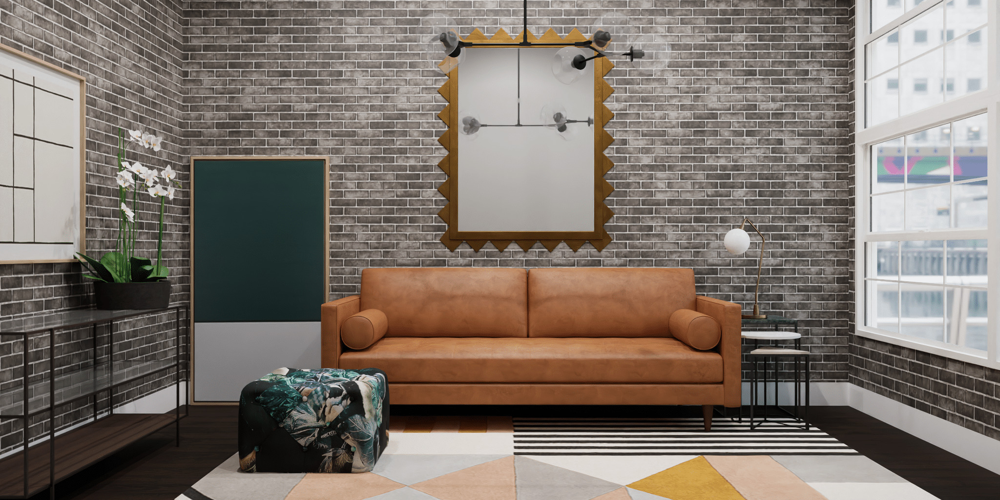 3D living room render from Marxent 3D Room Planner - Industrial Luxe