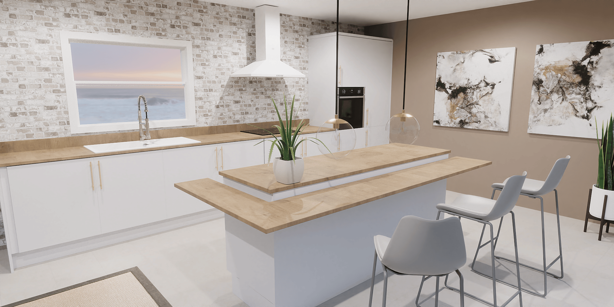 White and Gold Kitchen Render
