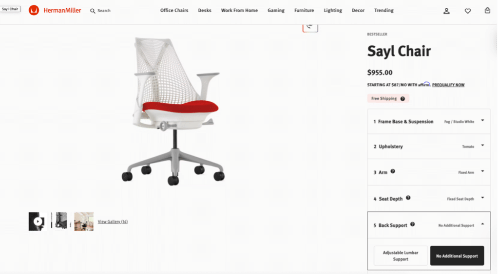 Herman Miller online 3D product configurator
