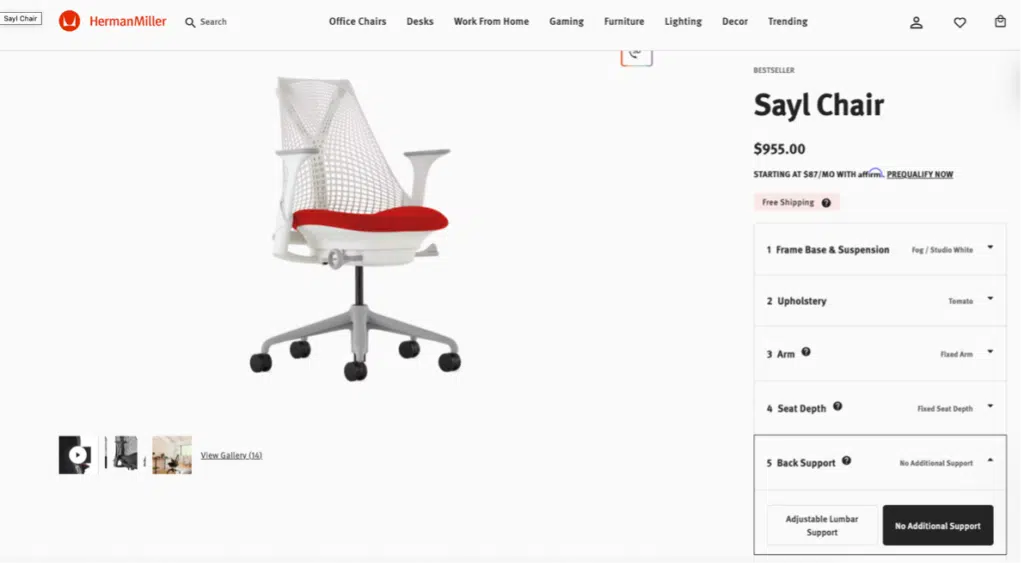 Herman Miller online 3D product configurator